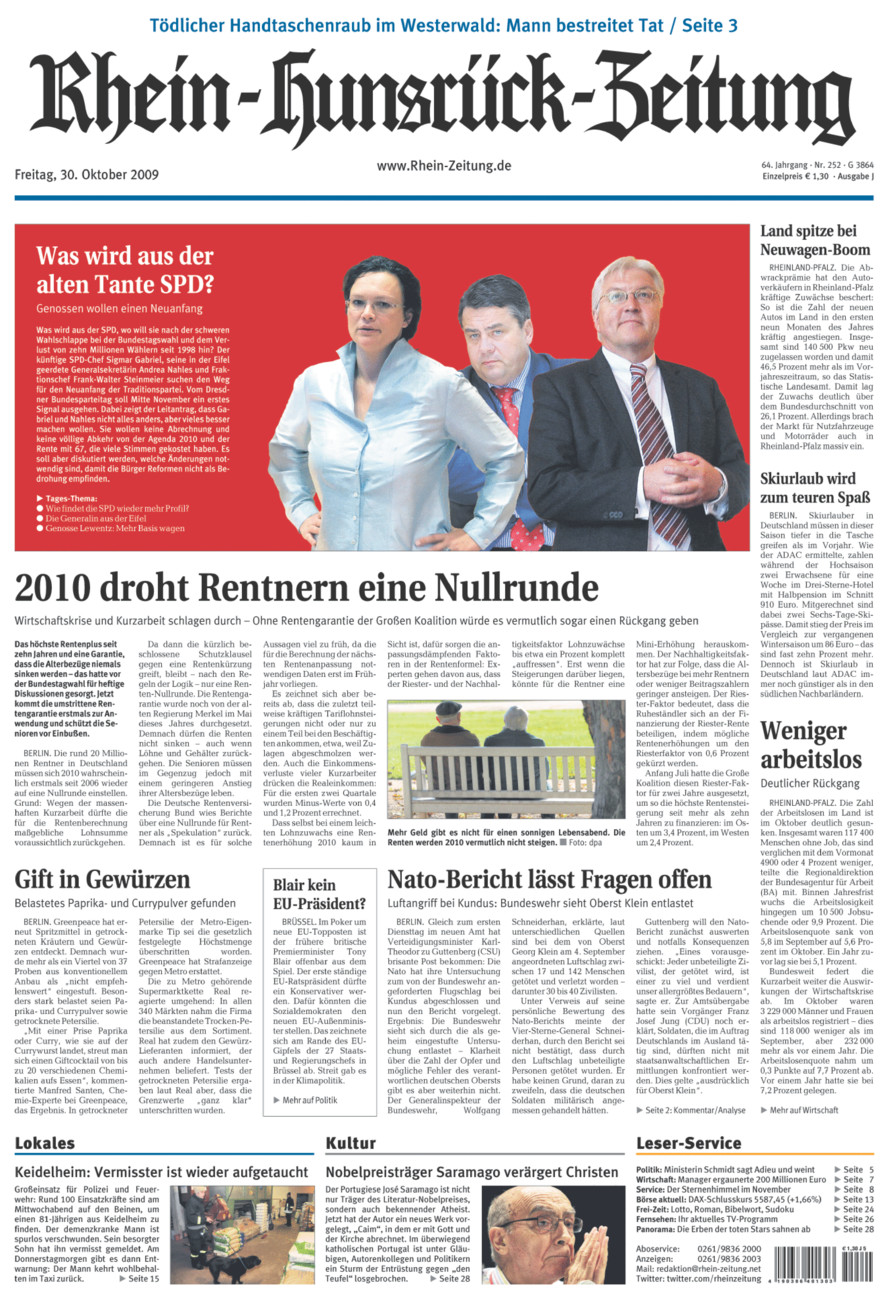 Rhein-Hunsrück-Zeitung vom Freitag, 30.10.2009