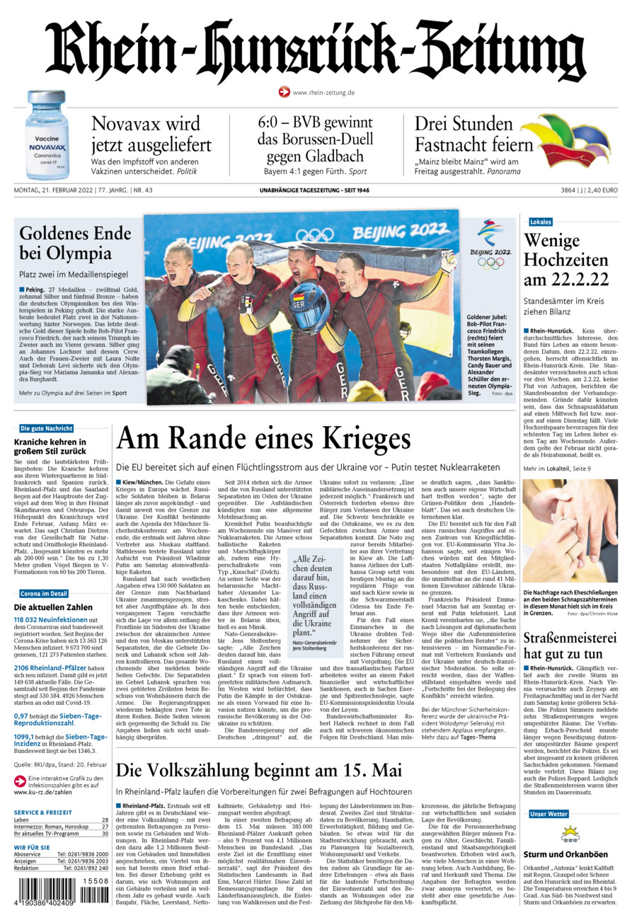 Rhein-Hunsrück-Zeitung vom Montag, 21.02.2022