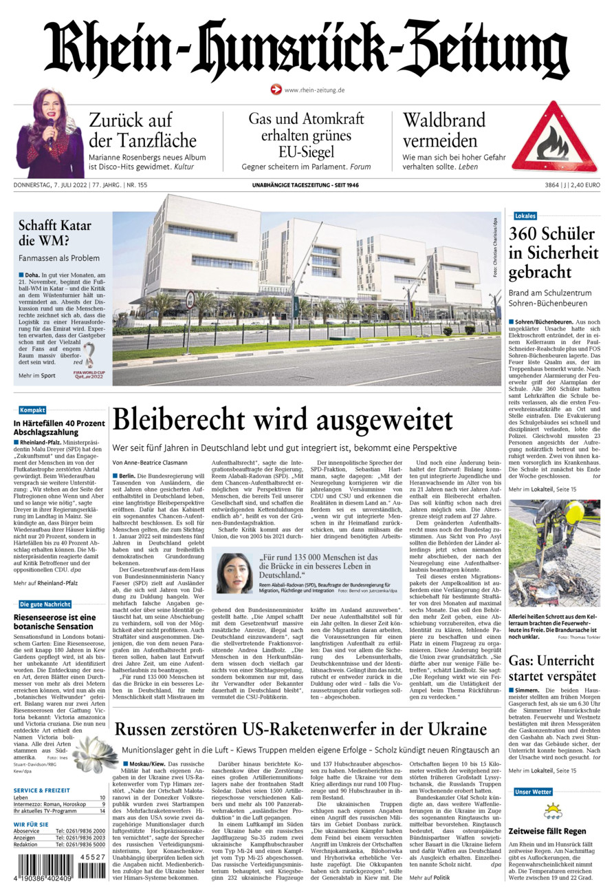 Rhein-Hunsrück-Zeitung vom Donnerstag, 07.07.2022