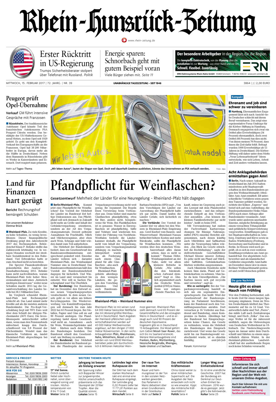 Rhein-Hunsrück-Zeitung vom Mittwoch, 15.02.2017