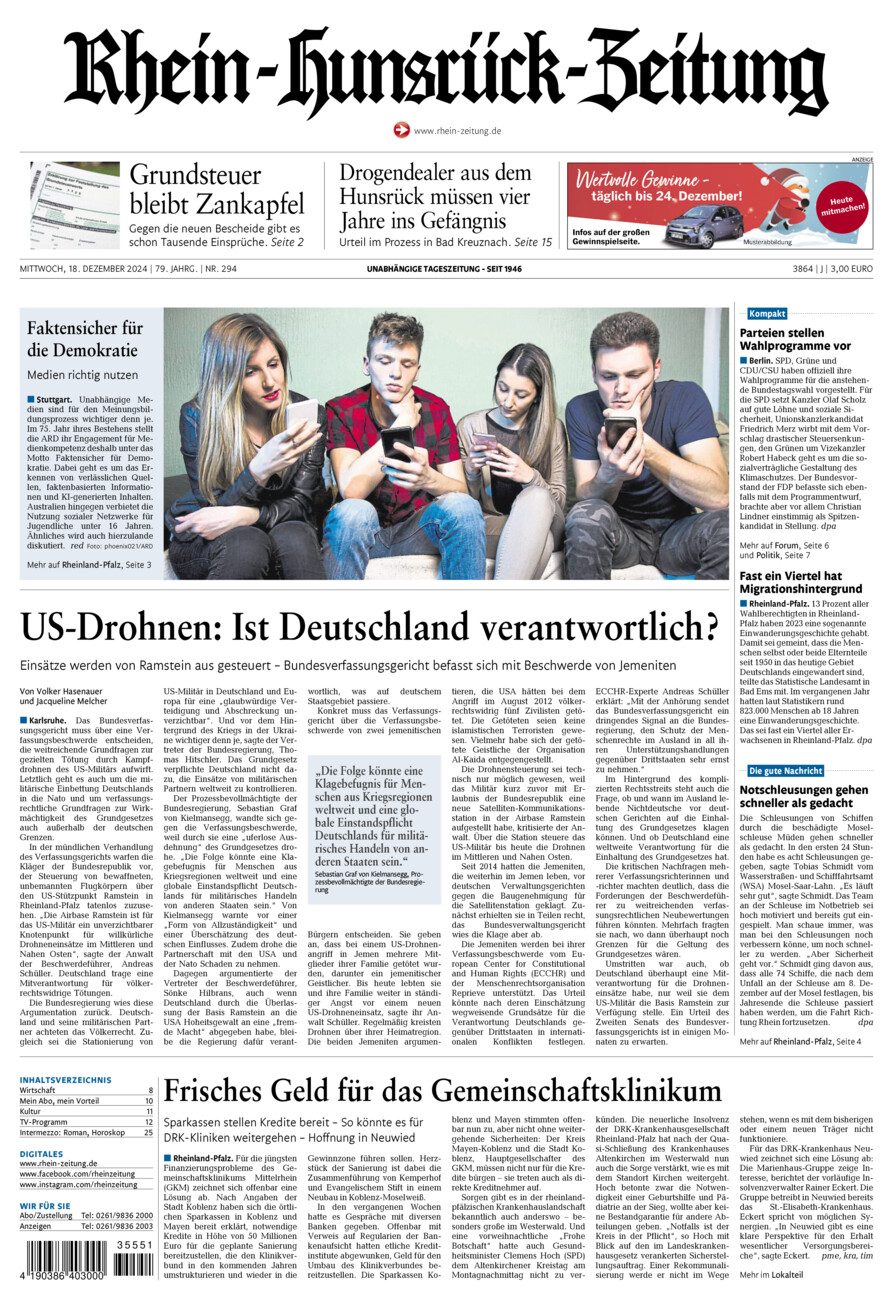 Rhein-Hunsrück-Zeitung vom Mittwoch, 18.12.2024