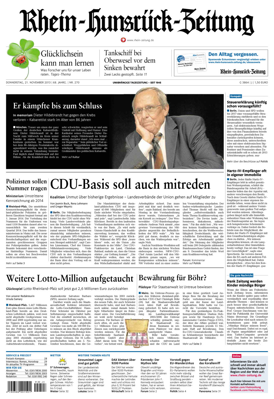 Rhein-Hunsrück-Zeitung vom Donnerstag, 21.11.2013