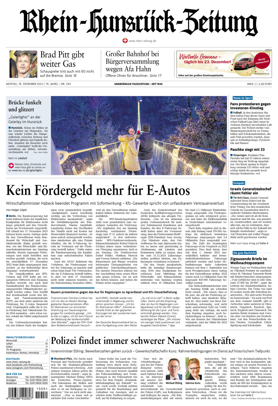 Rhein-Hunsrück-Zeitung vom Montag, 18.12.2023