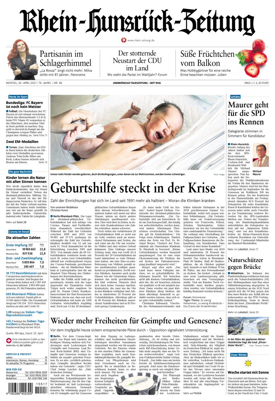 Rhein-Hunsrück-Zeitung vom Montag, 26.04.2021