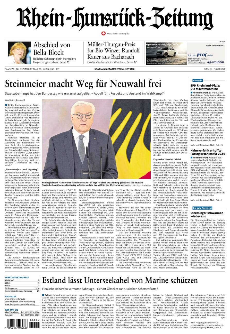 Rhein-Hunsrück-Zeitung vom Samstag, 28.12.2024