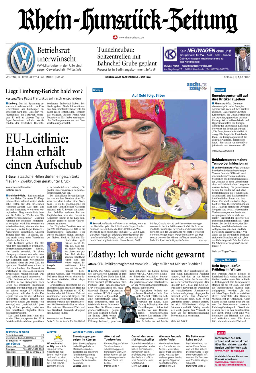 Rhein-Hunsrück-Zeitung vom Montag, 17.02.2014