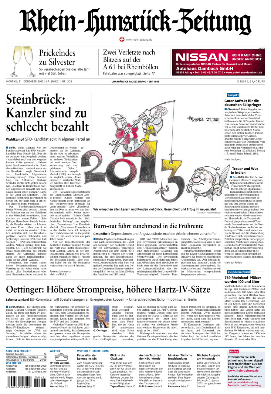 Rhein-Hunsrück-Zeitung vom Montag, 31.12.2012
