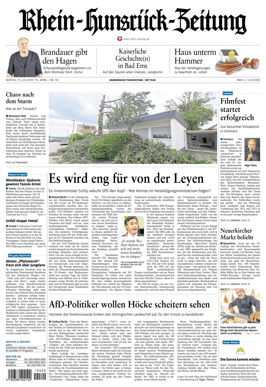 Rhein-Hunsrück-Zeitung vom Montag, 15.07.2019