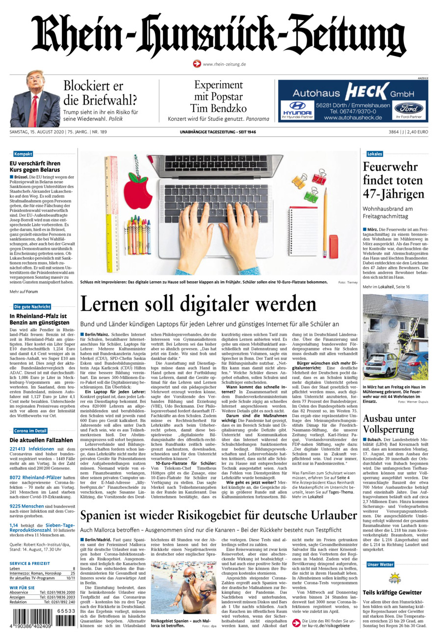 Rhein-Hunsrück-Zeitung vom Samstag, 15.08.2020