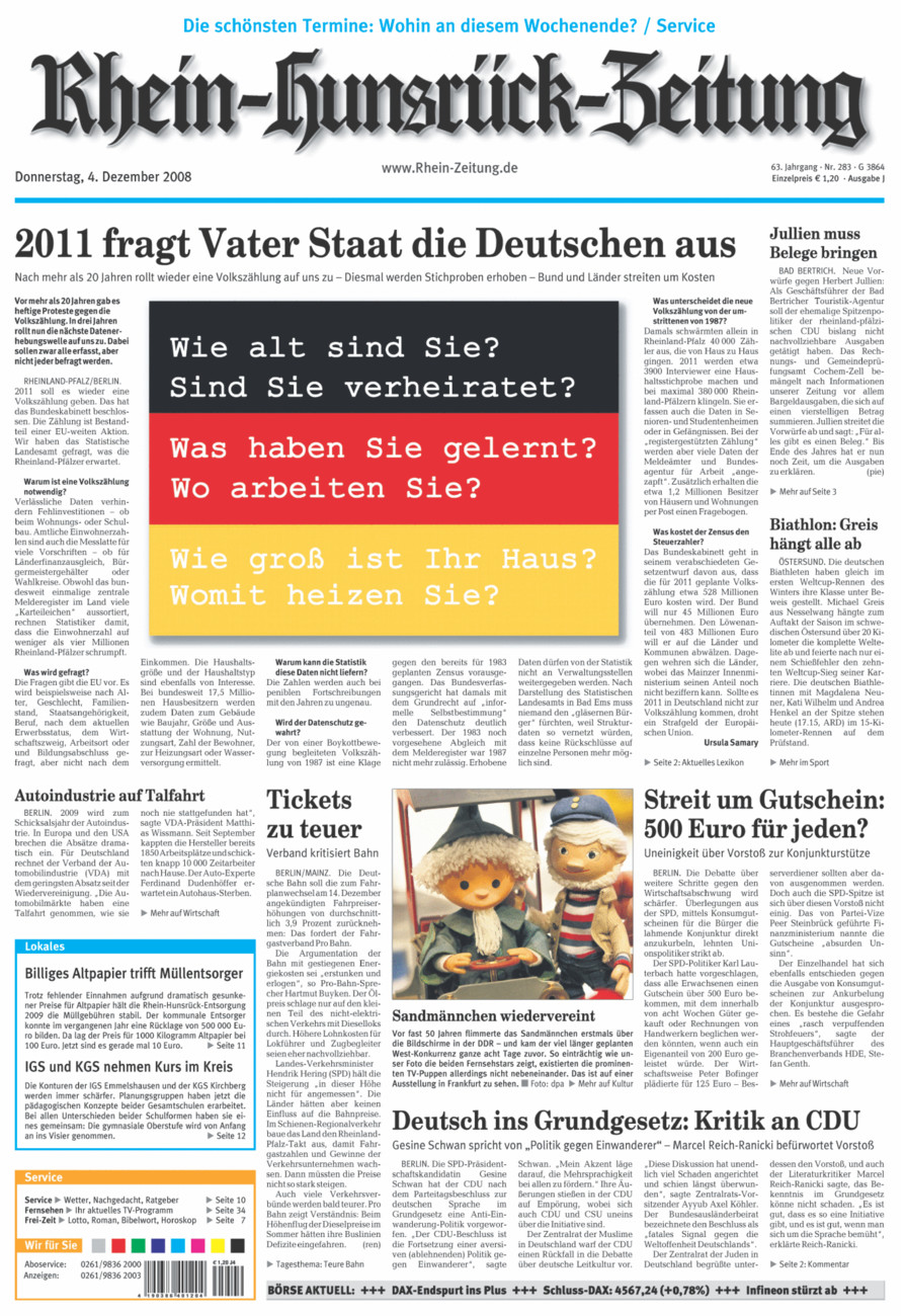 Rhein-Hunsrück-Zeitung vom Donnerstag, 04.12.2008