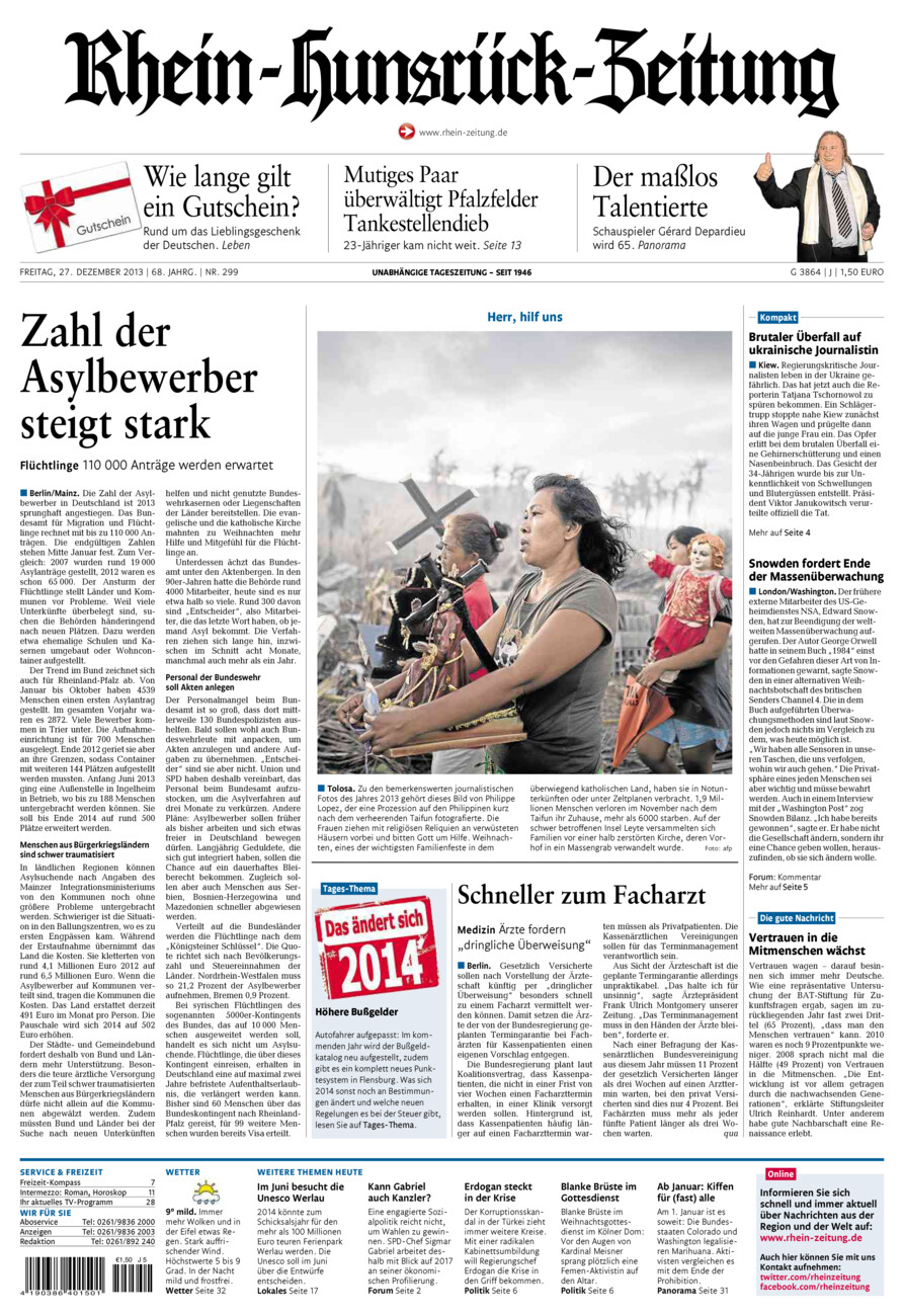 Rhein-Hunsrück-Zeitung vom Freitag, 27.12.2013