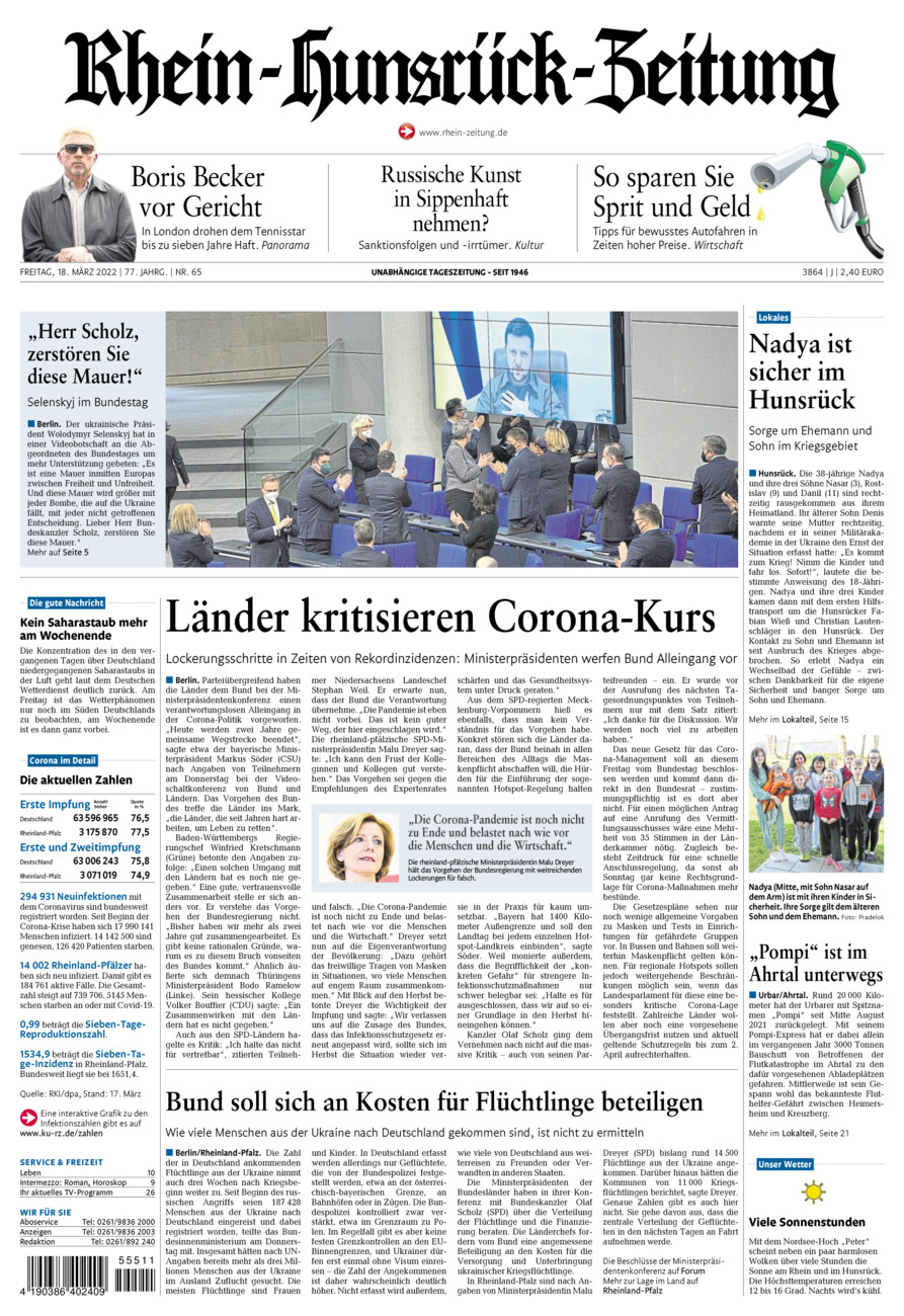 Rhein-Hunsrück-Zeitung vom Freitag, 18.03.2022