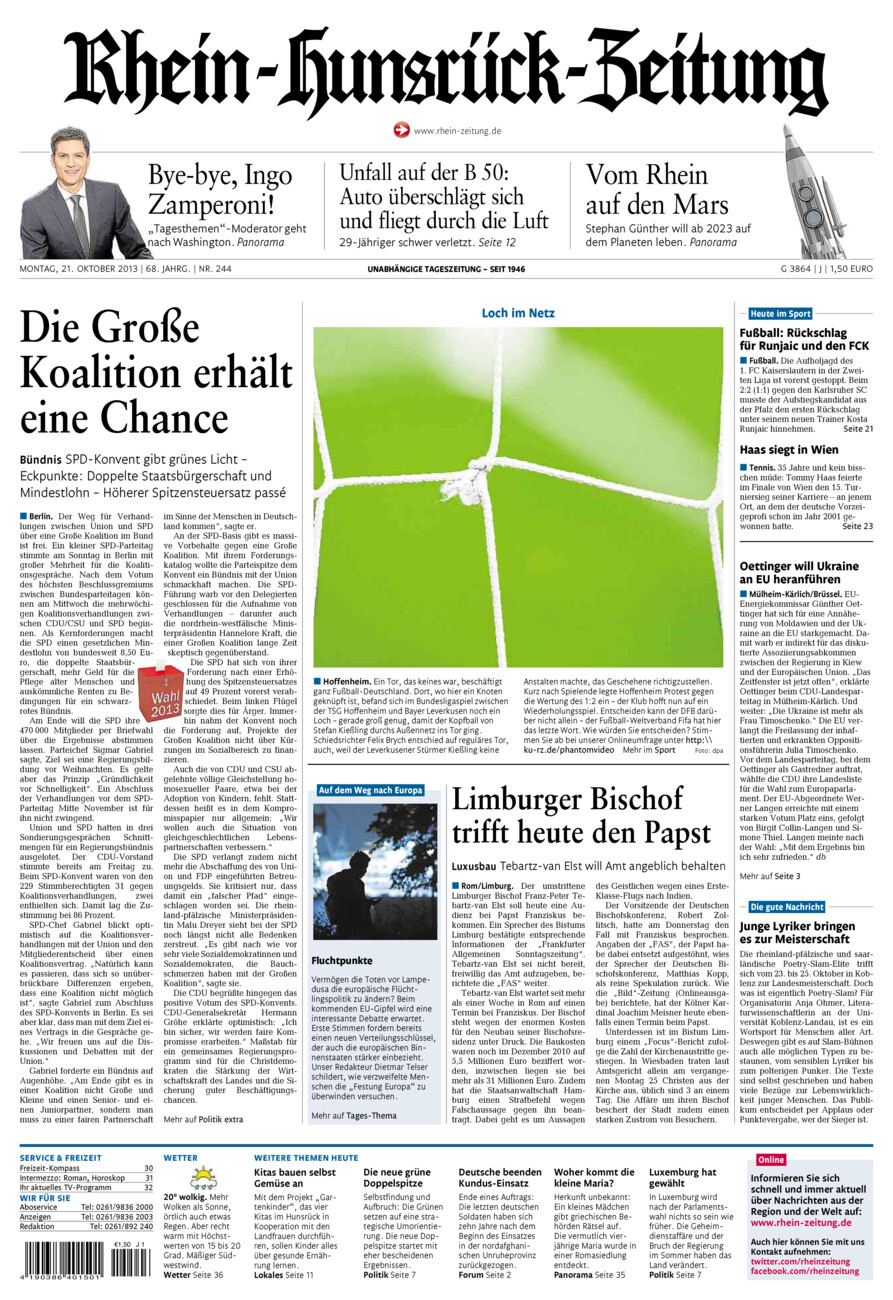 Rhein-Hunsrück-Zeitung vom Montag, 21.10.2013