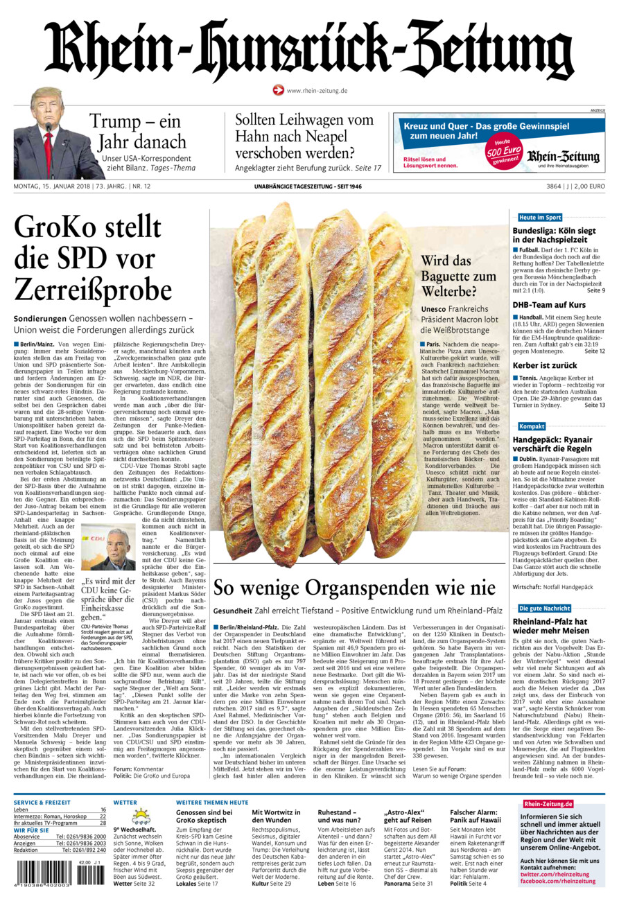 Rhein-Hunsrück-Zeitung vom Montag, 15.01.2018