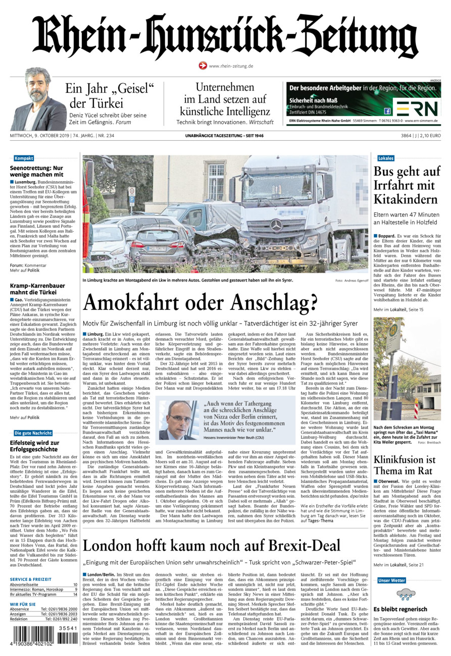 Rhein-Hunsrück-Zeitung vom Mittwoch, 09.10.2019