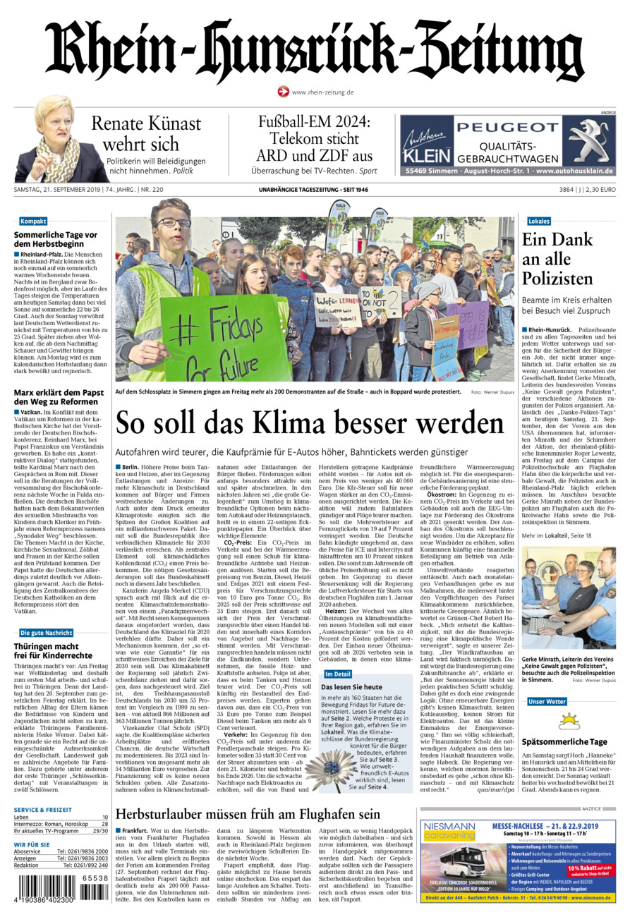 Rhein-Hunsrück-Zeitung vom Samstag, 21.09.2019
