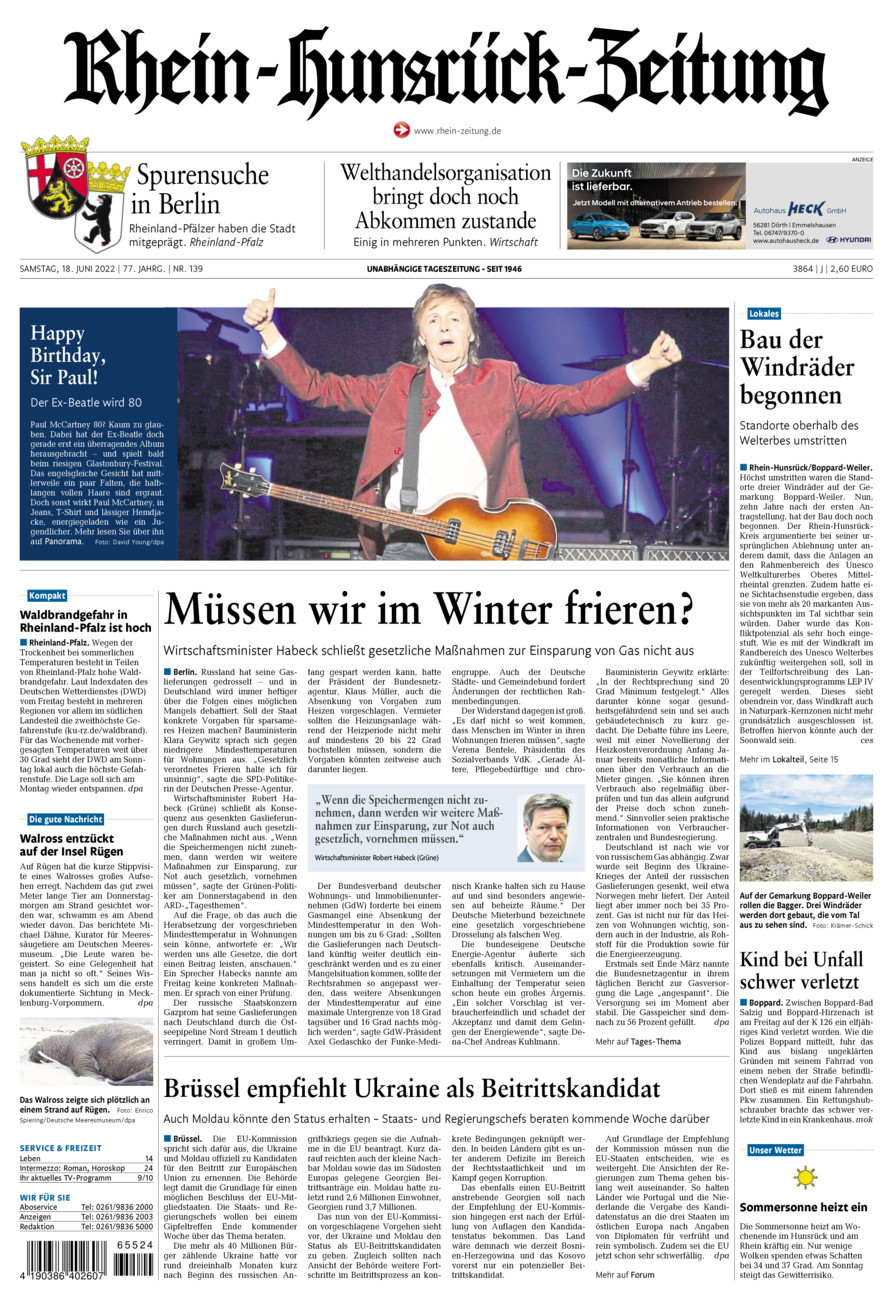 Rhein-Hunsrück-Zeitung vom Samstag, 18.06.2022