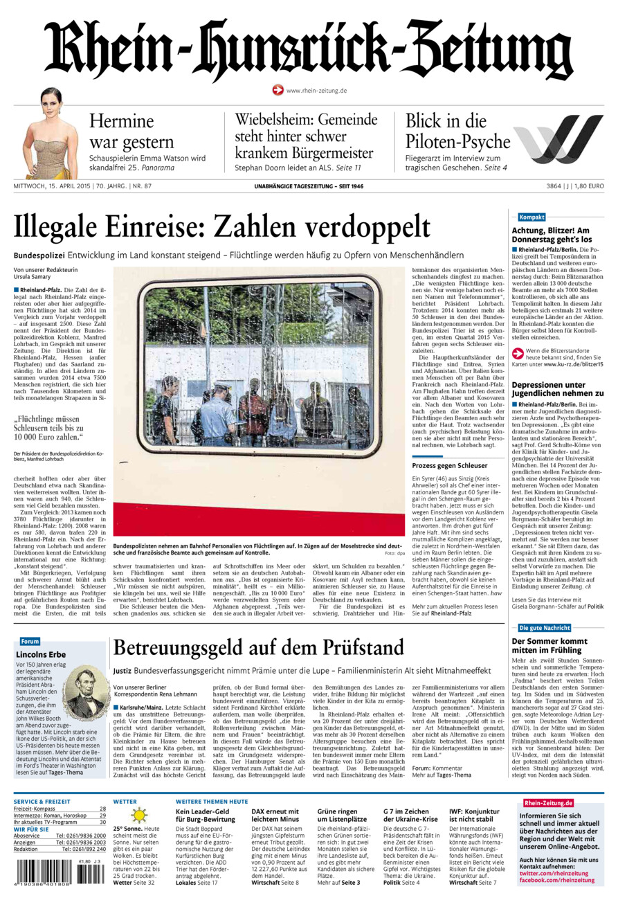 Rhein-Hunsrück-Zeitung vom Mittwoch, 15.04.2015