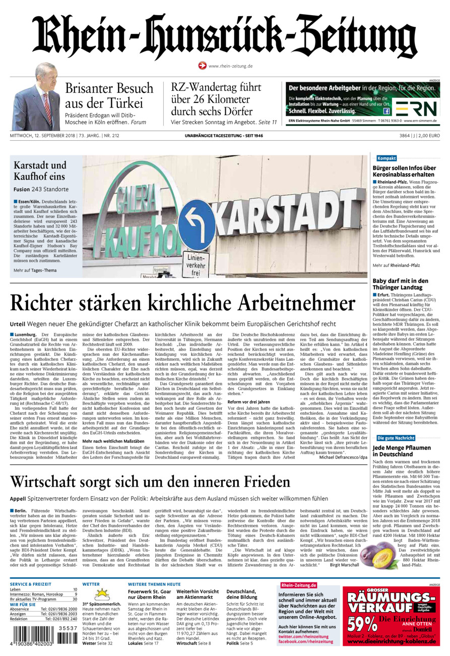 Rhein-Hunsrück-Zeitung vom Mittwoch, 12.09.2018