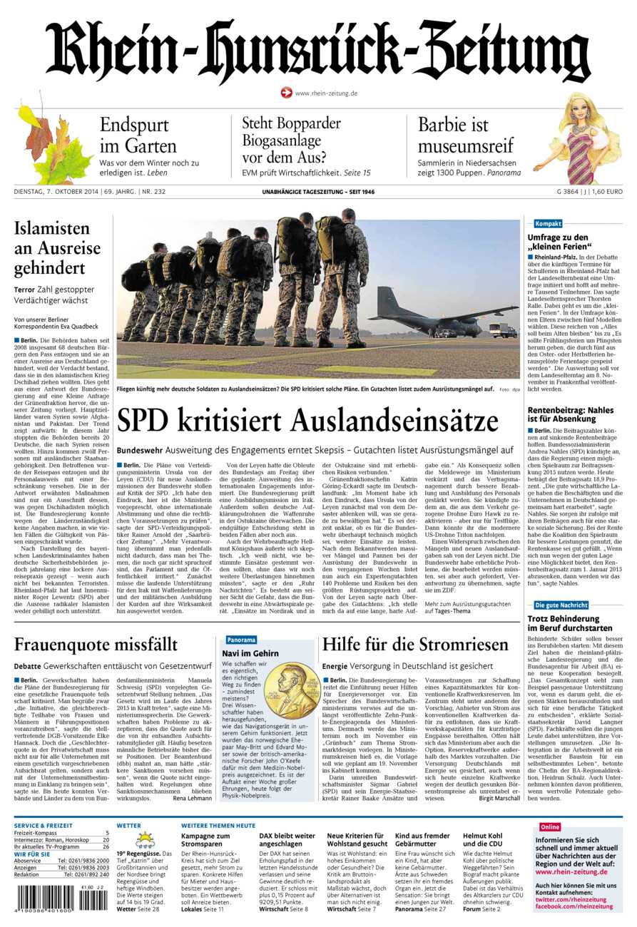 Rhein-Hunsrück-Zeitung vom Dienstag, 07.10.2014