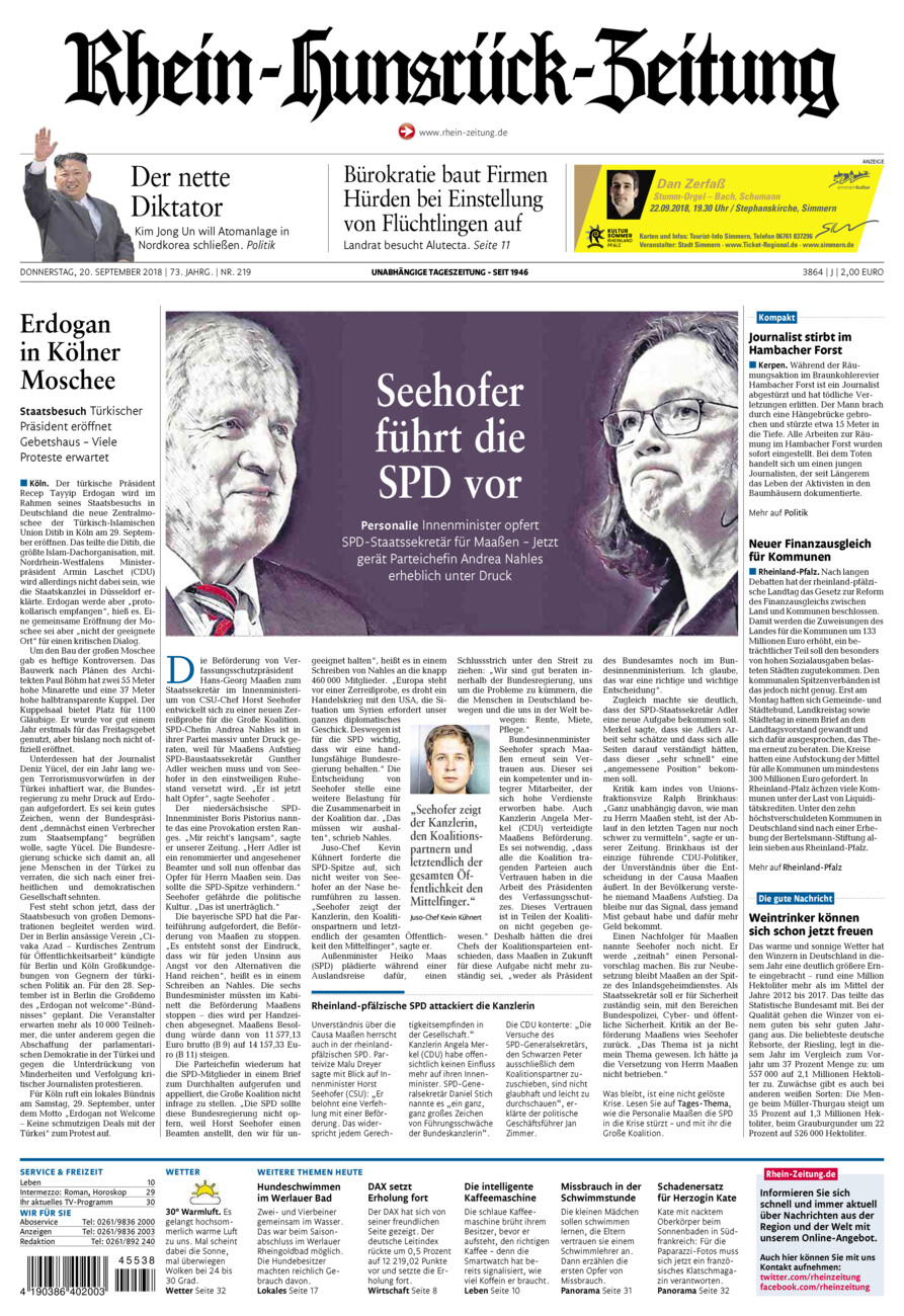Rhein-Hunsrück-Zeitung vom Donnerstag, 20.09.2018