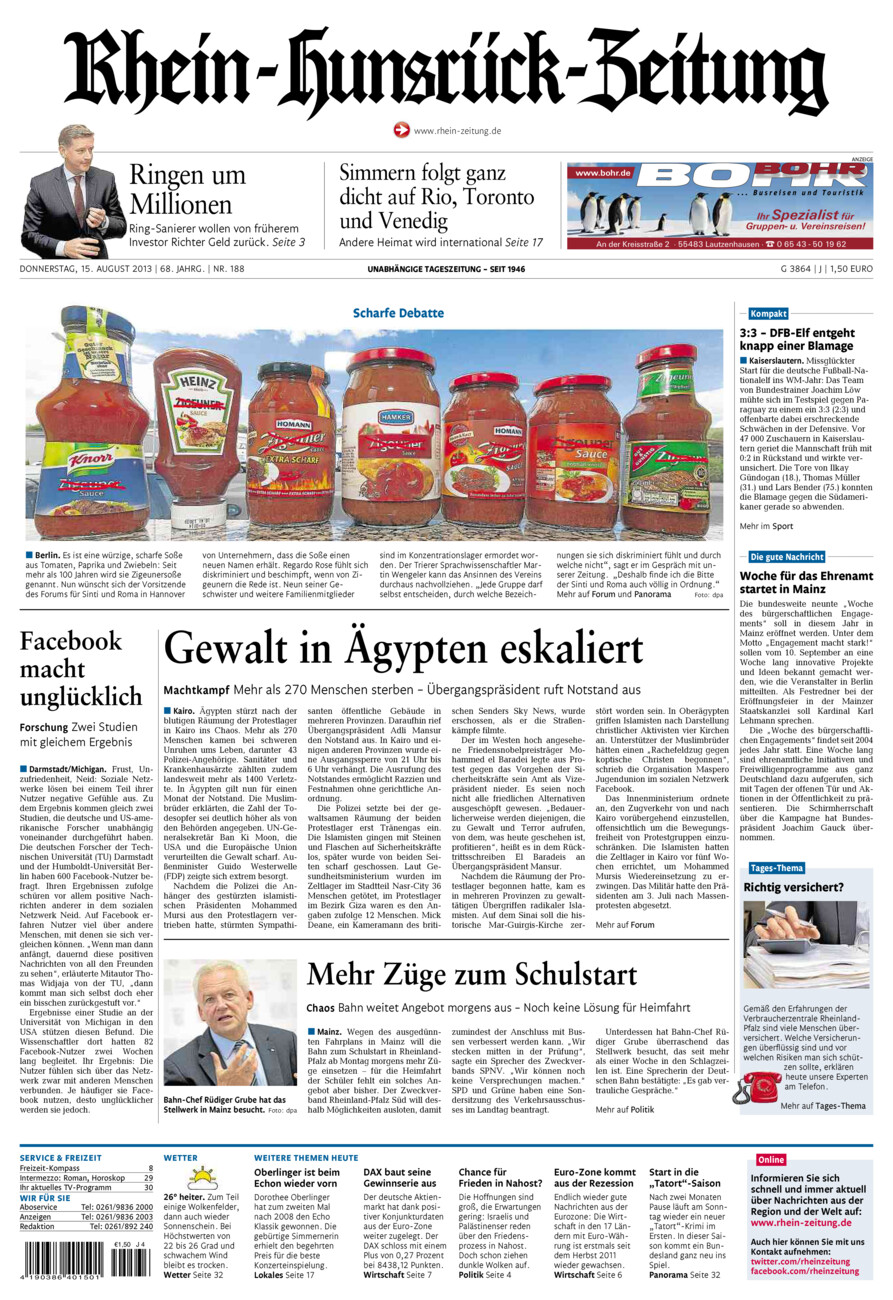 Rhein-Hunsrück-Zeitung vom Donnerstag, 15.08.2013