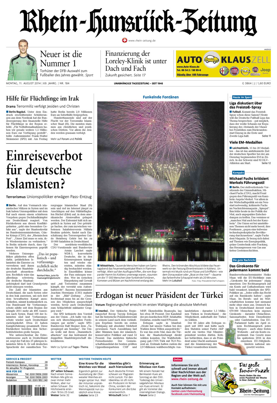 Rhein-Hunsrück-Zeitung vom Montag, 11.08.2014