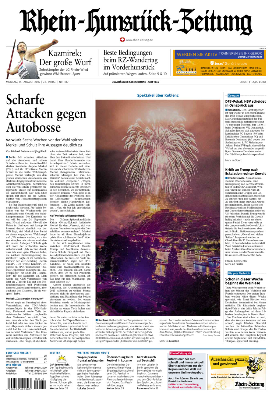 Rhein-Hunsrück-Zeitung vom Montag, 14.08.2017