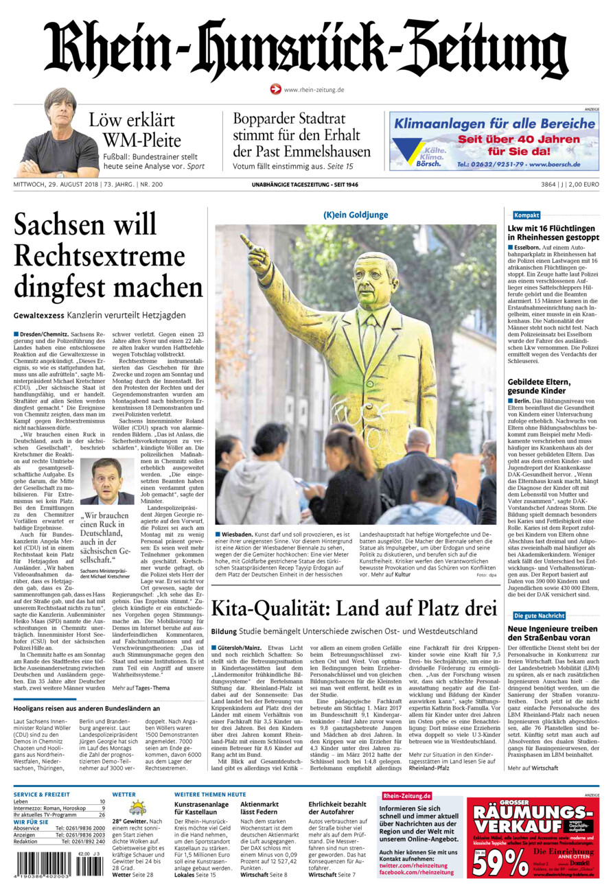 Rhein-Hunsrück-Zeitung vom Mittwoch, 29.08.2018