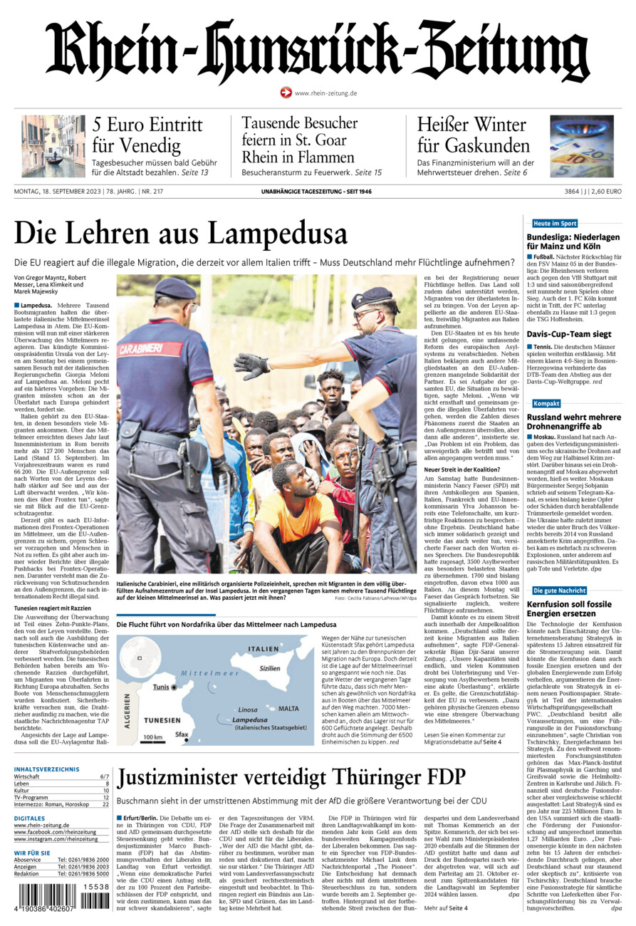 Rhein-Hunsrück-Zeitung vom Montag, 18.09.2023