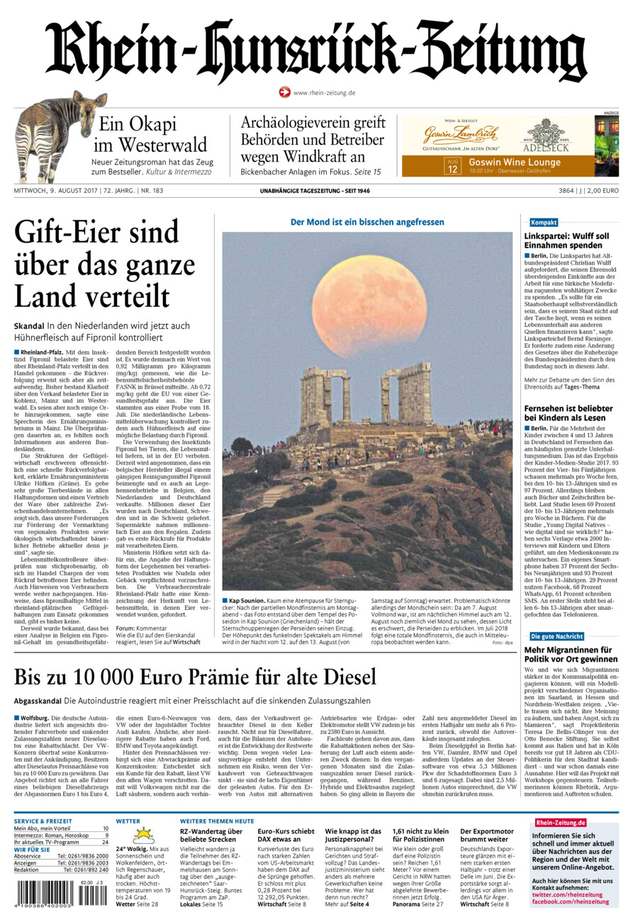 Rhein-Hunsrück-Zeitung vom Mittwoch, 09.08.2017
