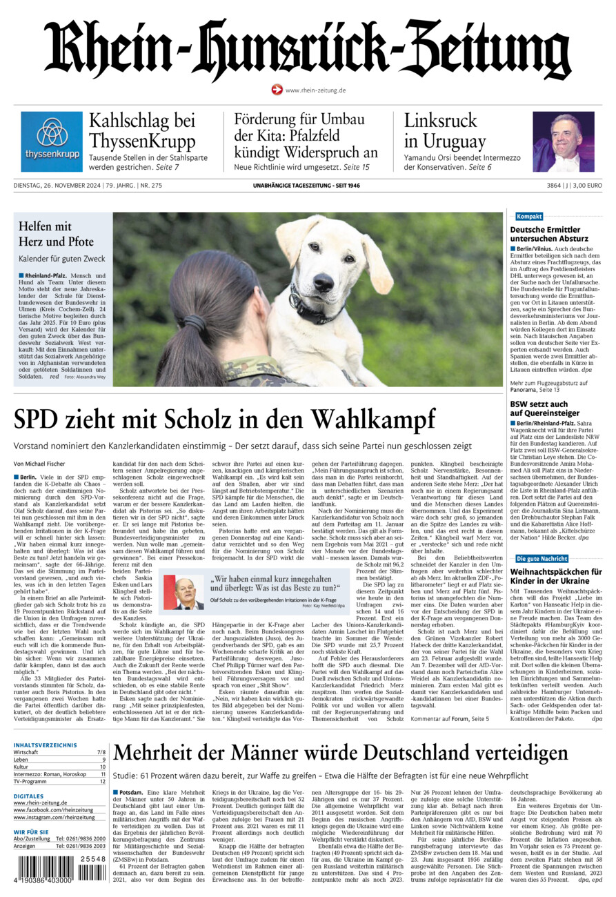 Rhein-Hunsrück-Zeitung vom Dienstag, 26.11.2024