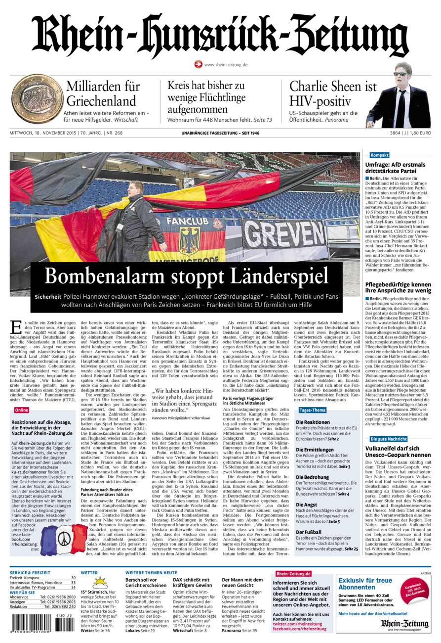 Rhein-Hunsrück-Zeitung vom Mittwoch, 18.11.2015