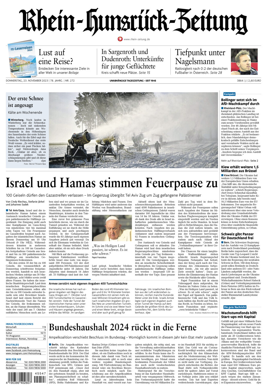 Rhein-Hunsrück-Zeitung vom Donnerstag, 23.11.2023