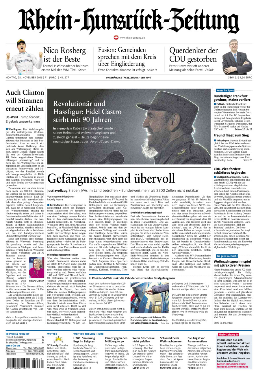 Rhein-Hunsrück-Zeitung vom Montag, 28.11.2016