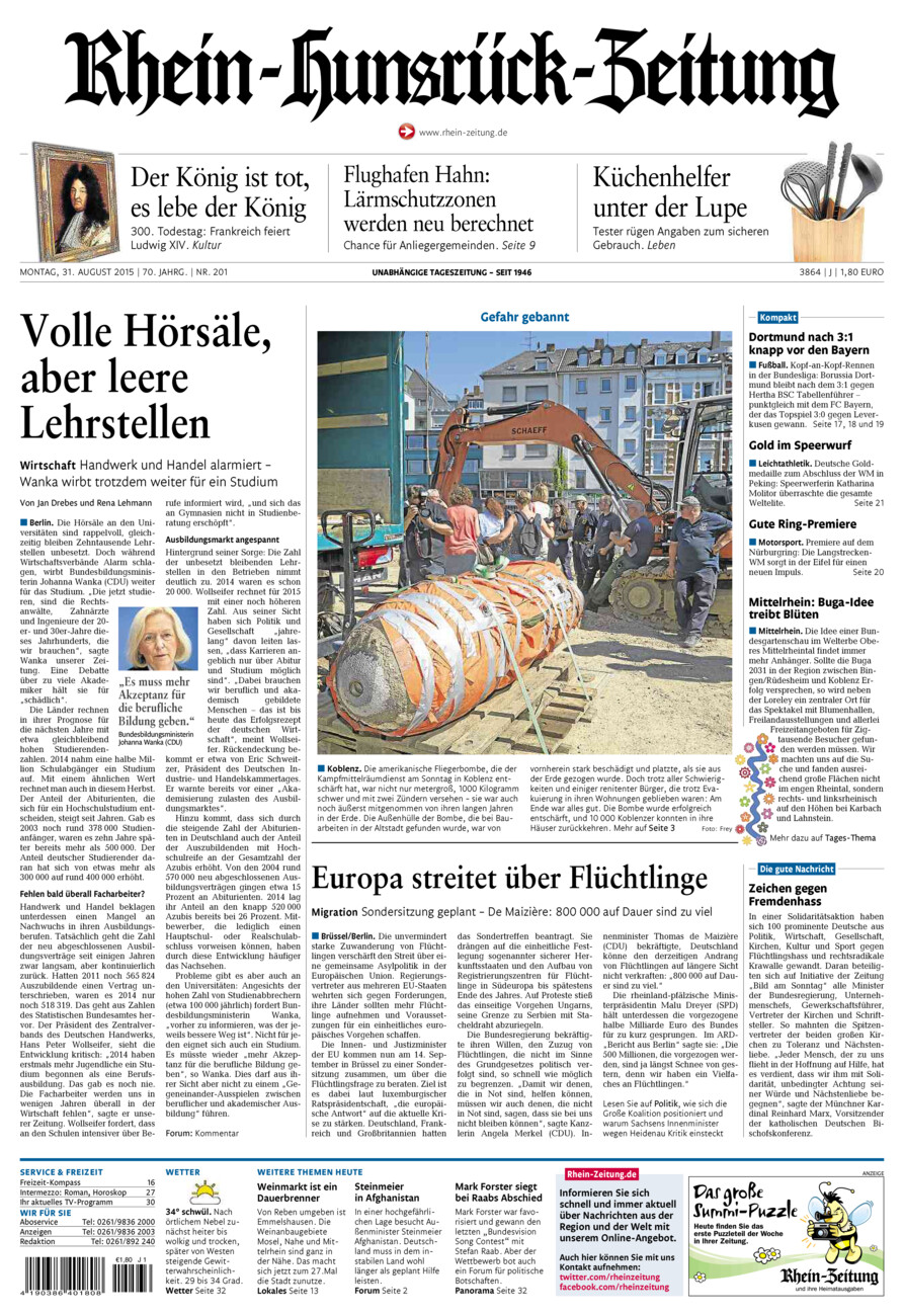 Rhein-Hunsrück-Zeitung vom Montag, 31.08.2015