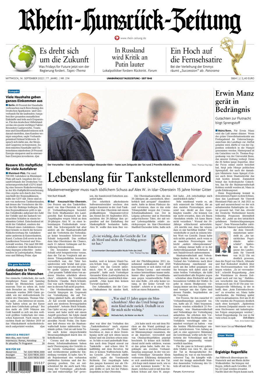 Rhein-Hunsrück-Zeitung vom Mittwoch, 14.09.2022