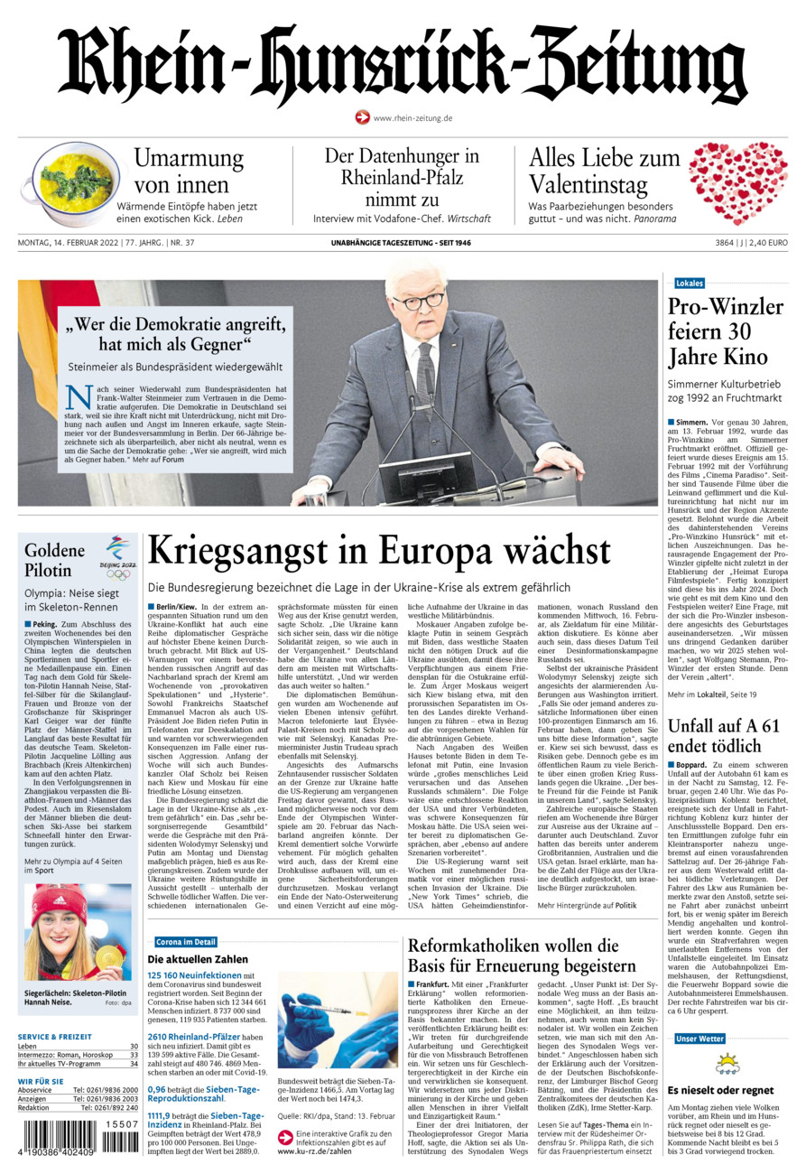 Rhein-Hunsrück-Zeitung vom Montag, 14.02.2022