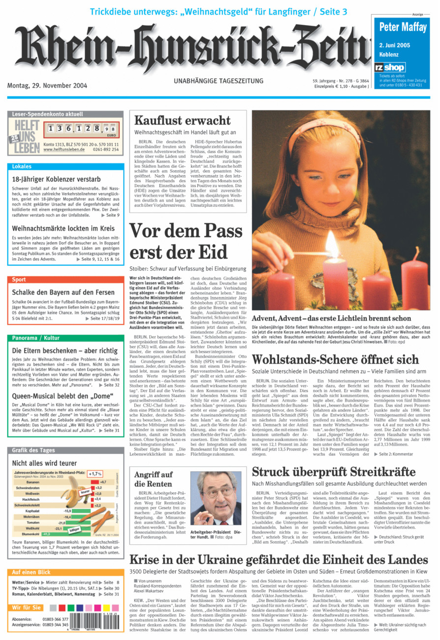 Rhein-Hunsrück-Zeitung vom Montag, 29.11.2004