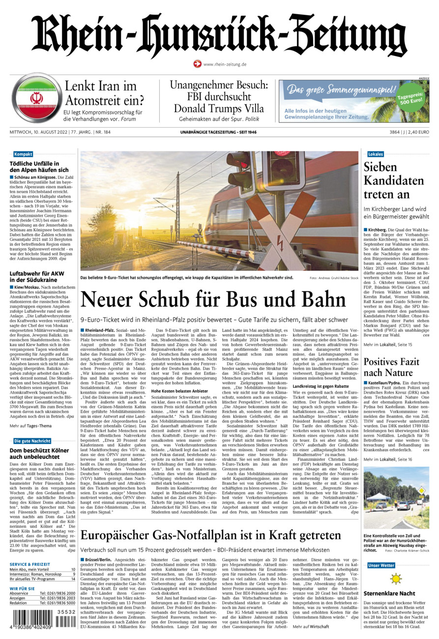 Rhein-Hunsrück-Zeitung vom Mittwoch, 10.08.2022