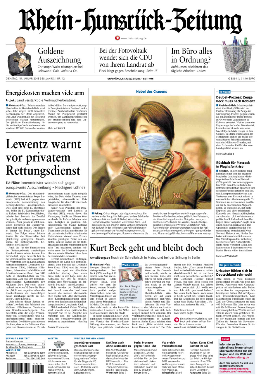 Rhein-Hunsrück-Zeitung vom Dienstag, 15.01.2013