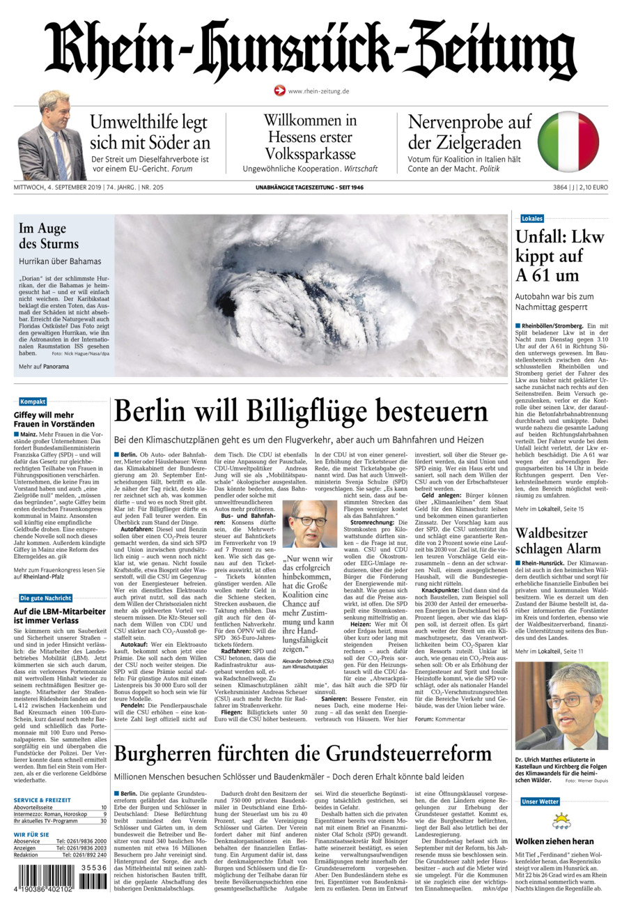 Rhein-Hunsrück-Zeitung vom Mittwoch, 04.09.2019