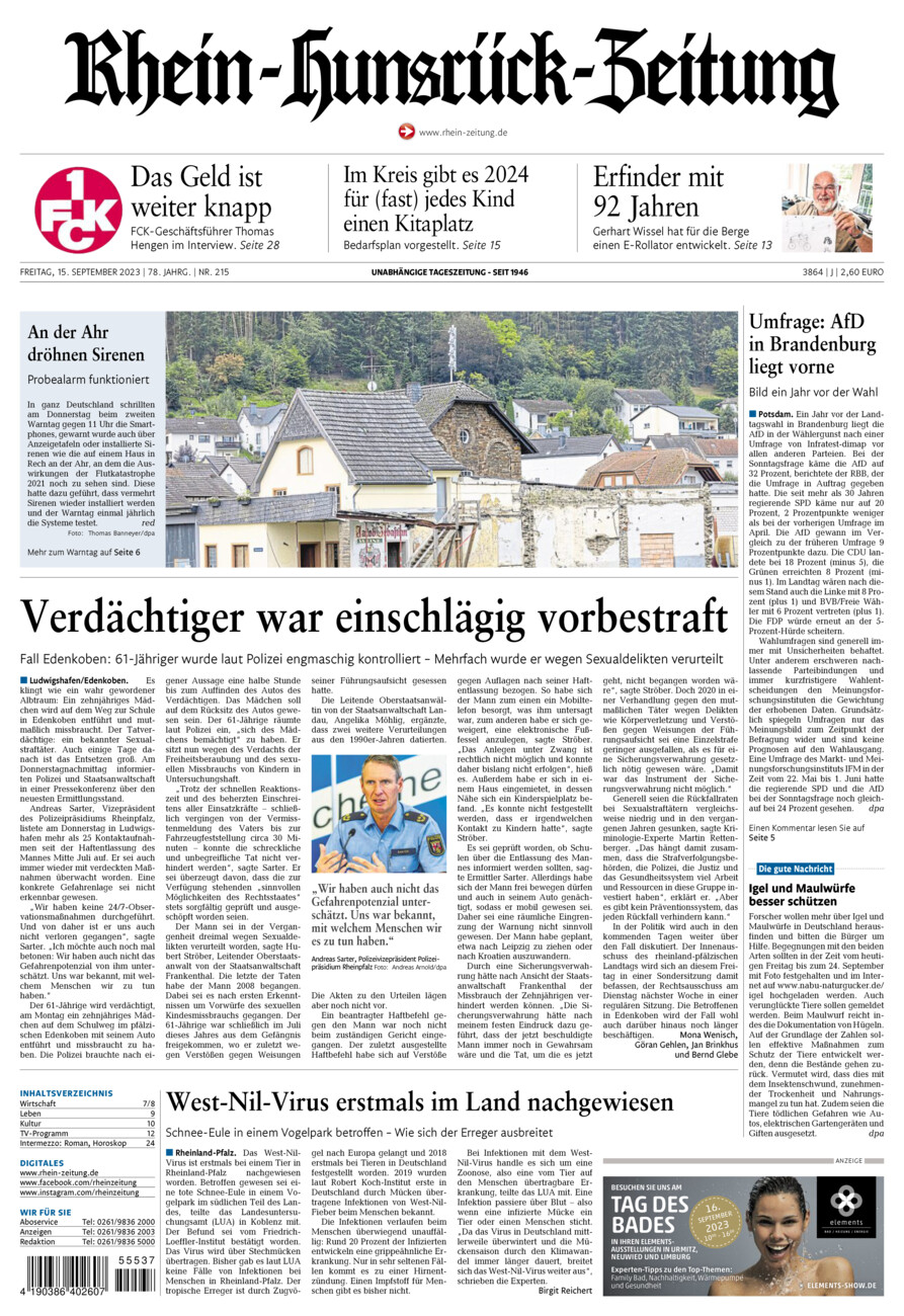 Rhein-Hunsrück-Zeitung vom Freitag, 15.09.2023