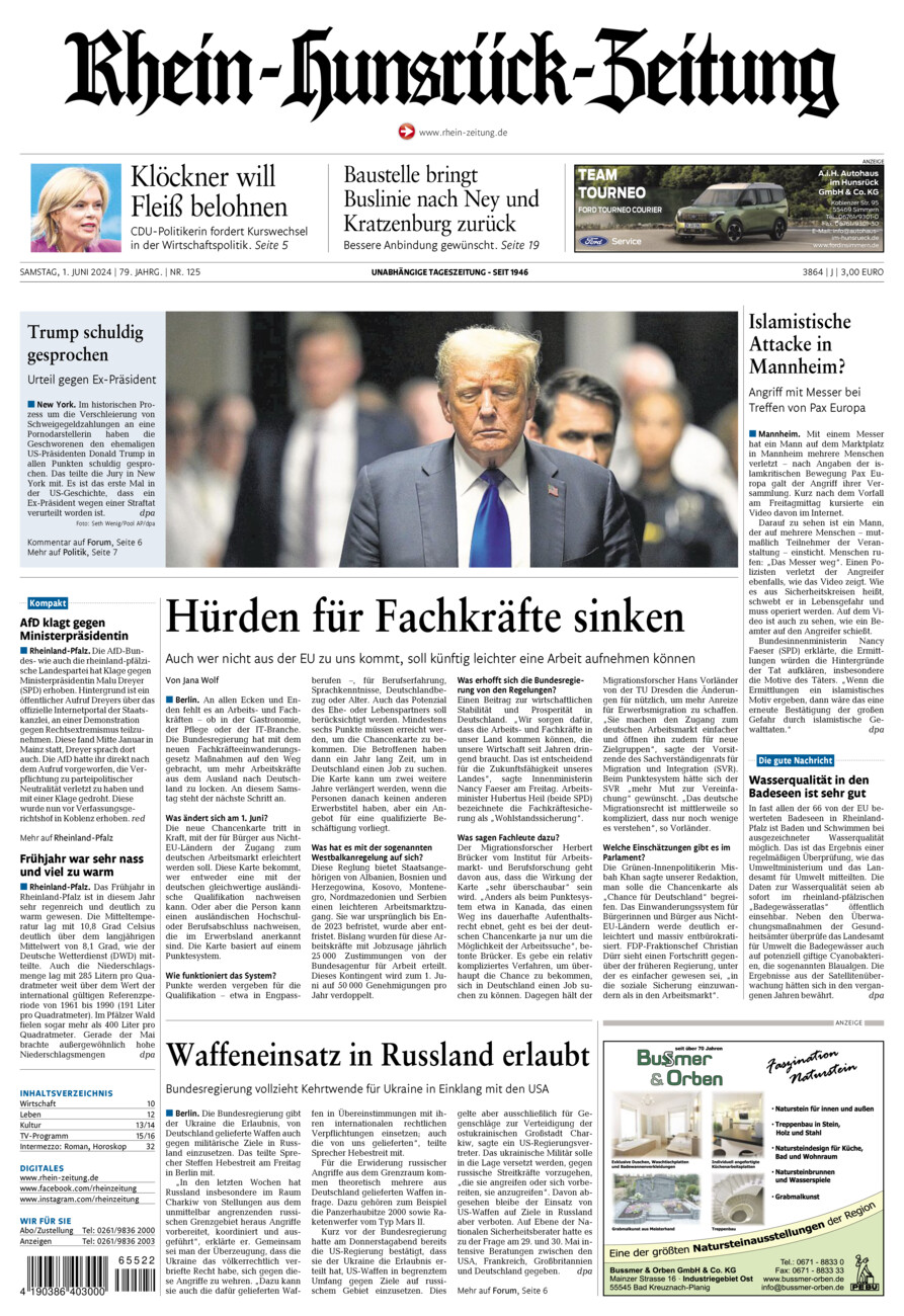 Rhein-Hunsrück-Zeitung vom Samstag, 01.06.2024