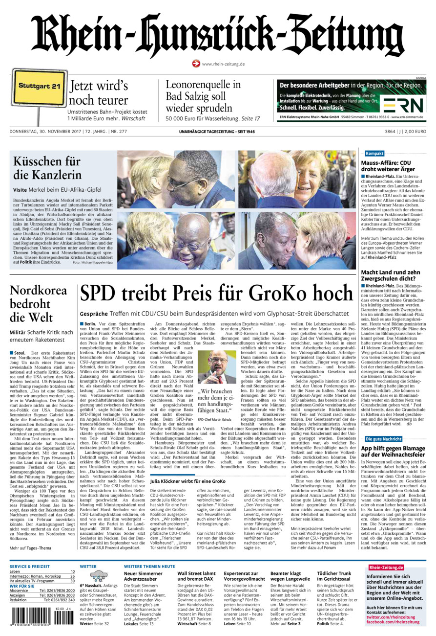 Rhein-Hunsrück-Zeitung vom Donnerstag, 30.11.2017
