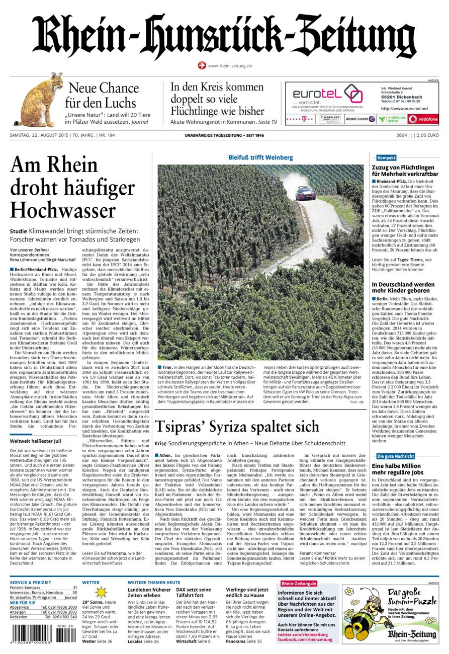 Rhein-Hunsrück-Zeitung vom Samstag, 22.08.2015