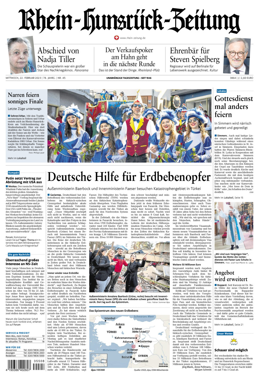 Rhein-Hunsrück-Zeitung vom Mittwoch, 22.02.2023