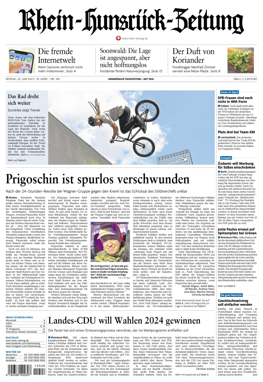 Rhein-Hunsrück-Zeitung vom Montag, 26.06.2023