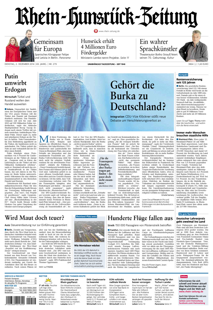 Rhein-Hunsrück-Zeitung vom Dienstag, 02.12.2014