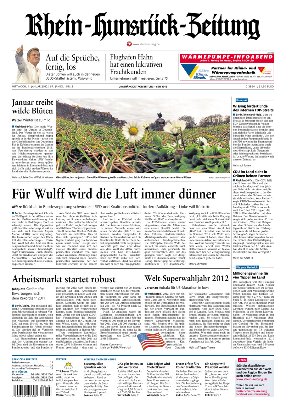 Rhein-Hunsrück-Zeitung vom Mittwoch, 04.01.2012
